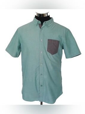 Retrofit Mint Short-Sleeve Button-Down Shirt with Contrast Gray Pocket